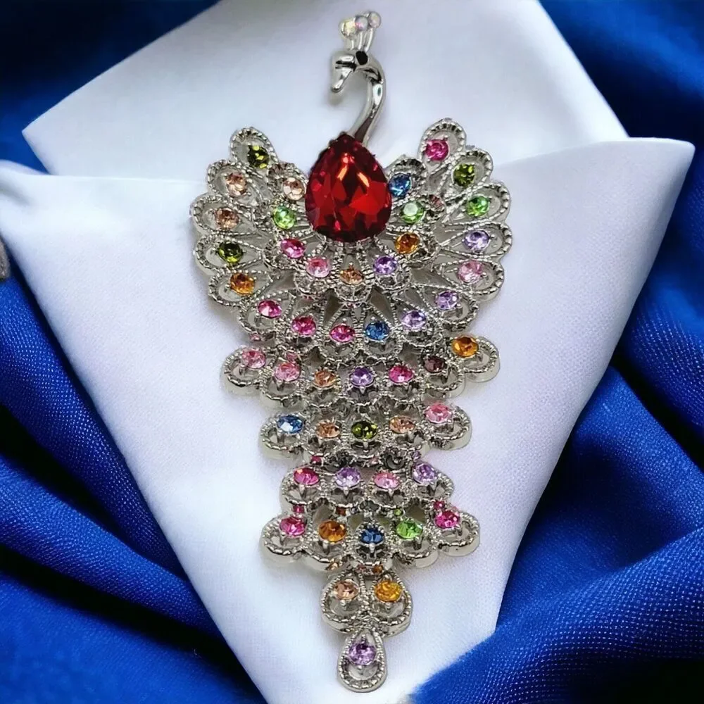 Beautifull Large Silve Peacock With Multi-Colored Rhinestones Brooch Pin Pendant
